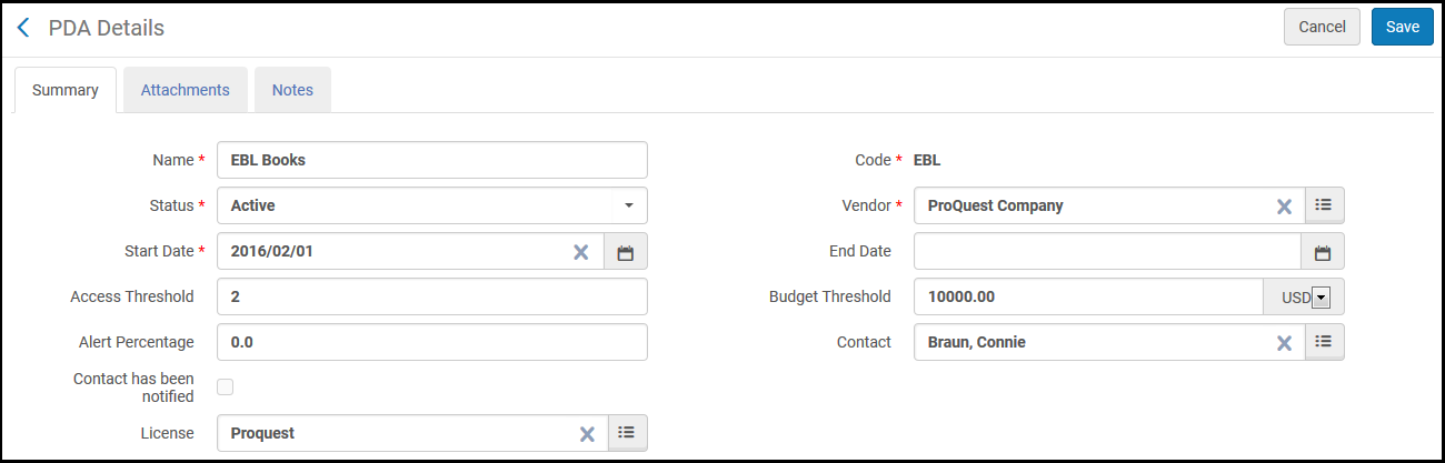 The Patron Driven Acquisition (PDA) List Page Summary Tab.